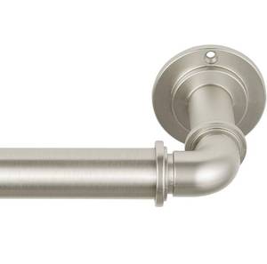 lot 1451 image: MODE Industrial Room Darkening Collection 1 18 Diameter Industrial Curtain Rod Set with Steel Wall Mounted Adjustable Curtain Rod, Blocks Light, Fits 72 to 144 Windows, Brushed Nickel