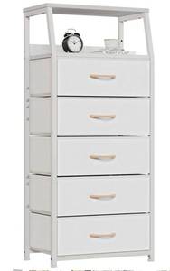 lot 1453 image: Furnulem White Dresser with 5 Drawers, Vertical Storage Tower Fabric Dresser for Bedroom, Hallway, Entryway, Nursery, Closet Organizer, Nightstand Bedside Table Furniture, Sturdy Steel Frame, Wood Top