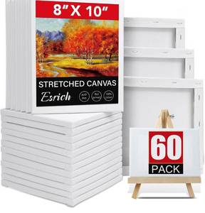 lot 1459 image: ESRICH Stretched Canvases for Painting 8x10, 60 Pack 8x10 Canvases for Painting,Primed Acid-Free Cotton Blank Canvas, Paint Canvases for Oil & Acrylic Paint.