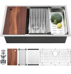 30 Inch Undermount Kitchen Sink Workstation, Stainless Steel Handmade 10" Deep Large Single Bowl Undermount Sink 30x19 with Accessories (Brushed)