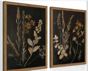 lot 1480 image: Kousne Dark Botanical Canvas Wall Art Vintage Moody Floral Prints with Wood Frame Dark Academia Aesthetic Gallery Painting Wall Decor for Living Room Bedroom or Office 12x16 Inch Set of 2