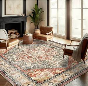 lot 1484 image: Washable Area Rug 10x14 Red Khaki Retro Flowers Boho Design Non-Shedding Easy Care Ideal for High Traffic Areas in Living Room Bedroom Office Coffee Table Kitchen Large Carpet
