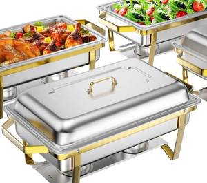 lot 1485 image: Rengue 9.5QT Chafing Dishes for Buffet, 4 PCS Golden Stainless Steel Chafing Dish Buffet Set, Buffet Servers and Warmers Heating & Cooling Food Warmers for Parties Buffet,Banquets,Weddings,Gatherings
