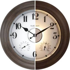 lot 1486 image: CLXEAST 24 Inch LED Illuminated Outdoor Clocks Waterproof with Thermometer & Hygrometer, Large Lighted Metal Wall Clock with Smart Night Light Sensor,Grey Oak Finish,House Warming Gifts New Home