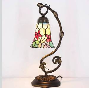 lot 1506 image: Tiffany Lamp Stained Glass Desk Reading Bedside Light, Metal Leaf Table Lamp Base 5X6X17 Inches Decor Small Space Bedside Bedroom Home Office (Red Flowers Style)