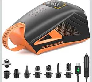 lot 1512 image: OutdoorMaster Shark 3 Paddle Board Pump Electric - 350 Fast Inflation, 20PSI 74Wh Rechargeable SUP Air Pump- Auto-Off & Deflation, 12V15.8V DC & Type-C Input, 8 Nozzles for Inflatables, Boats,Kites