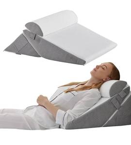 lot 1517 image: Bedluxe Wedge Pillow Headboard, 3PCS Orthopedic Bed Wedge Pillows Set for After Surgery, Adjustable Pillow Wedge for Acid Reflux&Back Pain Relief, Sleeping, Back Pillow for Bed Sitting Up, WhiteGrey