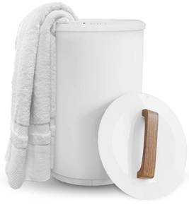 lot 1524 image: SAMEAT Heated Towel Warmers for Bathroom - Large Towel Warmer Bucket, Wood Handle, Auto Shut Off, Fits Up to Two 40X70 Oversized Towels, White