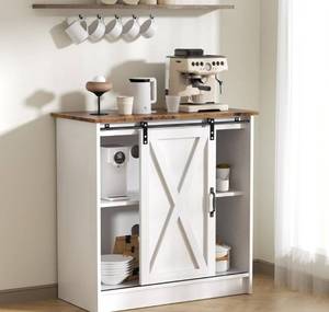 lot 1529 image: White Coffee Bar Cabinet with Storage, Farmhouse Coffee Bar Cabinet, Coffee Bar Table with Sliding Barn Door, Coffee Bar & Adjustable Shelves, for Kitchen, Dining Room, Living Room