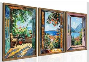 lot 1538 image: Vintage Open Window Henri Matisse Wall Art, Blue Italian Coastal Landscape Painting Wall Decor, Italy Mediterranean Country Poster Canvas Prints for Living Room Bedroom 16x24 inch Wood Framed