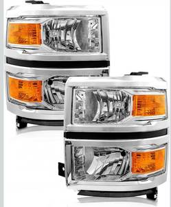 lot 1542 image: Headlight Assembly for 2014-2015 Chevy Silverado 1500 Halogen OE Style Amber Chrome Housing Reflector Driver Passenger Sides WO Bulbs