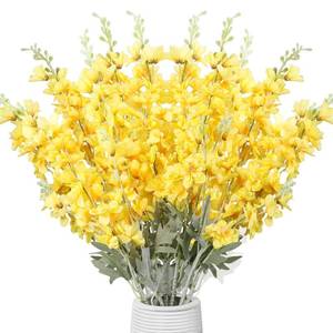 lot 1546 image: Thiccywoov 12 Pcs Delphinium Artificial Flowers, 33.5 Long Stem Lifelike Faux Silk Flower Fake Look Real Bouquet for Tall Vase DIY Wedding Party Home Kitchen Arrangement Decor(Yellow)