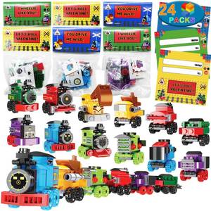 lot 1550 image: 24 Packs Train Building Blocks with Valentines Gift Cards, 6 in 1 Train Building Blocks Sets for Boys Girls Goodie Bags Carnival Prizes Birthday Supplies, Classroom Exchange Prize, Valentine Party