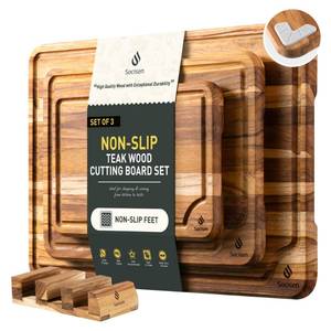lot 1554 image: 3 Pack Teak Wood Cutting Board Set for Kitchen Charcuterie Board Serving Heavy Duty Non Toxic Slip Over Sink Solid Thick Haus Wooden Chopping Board Large Big Small Meat Best Kitchen Essential Gift