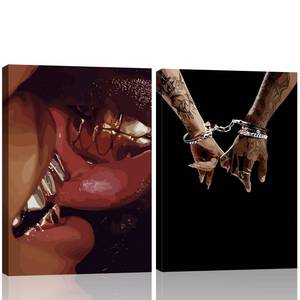 lot 1555 image: Framed 2pcs Black Couple Canvas Wall Art African American Man and Woman Poster Kiss Holding Hands Picture Print Wedding Gift Bedroom Living Room Studio Bar Ready to Hang 12x16 Inch