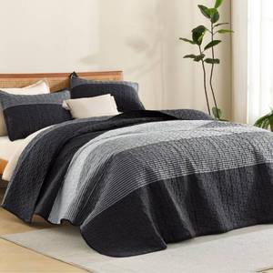 lot 1562 image: Litanika Quilt King Size Black, Grey and White, Gray Stripe Patchwork Summer Bedspread Coverlet 3 Pieces, Soft Lightweight Microfiber Comforter Bedding Set for All Season(1 Quilt, 2 Pillowcases)