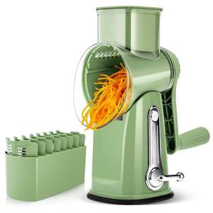 lot 1567 image: SUSTEAS Rotary Cheese Grater with Handle - Vegetable Shredder with 5 Well-designed Blades & Strong Suction Base,Round Mandoline Slicer & Food Chopper for Kitchen,with Blade Storage Box(Retro Green)