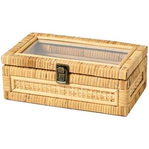 lot 1569 image: VinneGenzz Rattan Box with Clear Lid Wooden Frame Decorative Handmade Boho Woven Rattan Wicker Baskets Cane Bins Keepsake Memory Jewelry Boxes Desk Shelf Closet Organizer Container (Natural, Small)