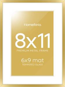 lot 1571 image: Homeforia 8x11 Picture Frame Gold, High End Metal 8 x 11 Poster Frames with Mat 6 by 9 for Photo, 11x8 Frame Matted to 6x9 inch Print, 8by11 Wall or Tabletop Frames, Tempered Glass, Wall Kit, Set of 1