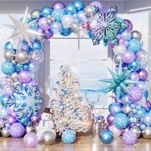 lot 1600 image: Snowflake Balloon Garland Arch Kit, 144 Pcs Purple Blue Silver White Balloons With Foil Snowflake Star Balloons, for Winter Wonderland, Princess Birthday, Baby Shower, Christmas Decor