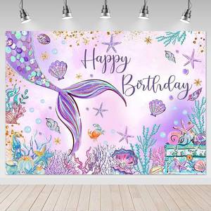 lot 1606 image: Mocsicka Mermaid Birthday Backdrop 7x5ftGirl Mermaid Birthday Party Decorations Under The Sea Happy Birthday Background Decorations for Girls Starfish Shell Seaweed Photography Background