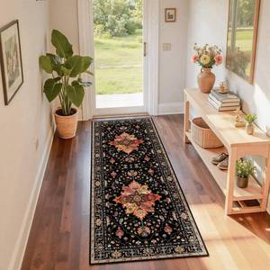 lot 1608 image: RELEANY Area Rugs 2x6 Runner Rug Non Slip Washable for Kitchen Hallway Bedroom Beside Laundry Room Bathroom Rug, Floor Carpet, Black Colorful Floral Dark Tan
