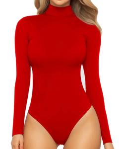 lot 1613 image: MANGOPOP Womens Mock Turtle Neck Long Sleeve Tops Bodysuit Jumpsuit Red Medium