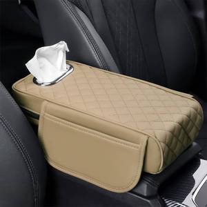 lot 1647 image: Rneswi Car Armrest Cover Leather Car Console Covers Box Pad with Pocket and Tissue Box Arm Rest Cover for Car for SUV Truck Sedan Vehicle (Beige)