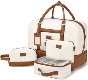 lot 1650 image: Wogarl 4PCS Weekender Bags for Women Large Overnight Weekend Travel Duffel Carry on Shoulder with Shoe Compartment Canvas Toiletry Bag for Travel Business Gym,Beige