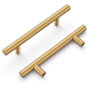 lot 1679 image: Hickory Hardware 10 Pack Kitchen Cabinet Handles, Drawer Pulls for Doors & Dresser Drawers, Hardware for Bathroom, 3-34 Inch (96mm) Hole Center, Brushed Brass, Heritage Collection
