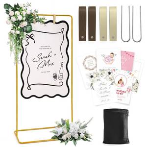 lot 1683 image: Wedding Welcome Sign Stand, Welcome to our Wedding Sign Holder, Gold Easel Stand for Sign Poster With Design Bundle & Ground Stakes & Leather Sign Hanging Straps, Linen Sign Stand for Wedding Decor