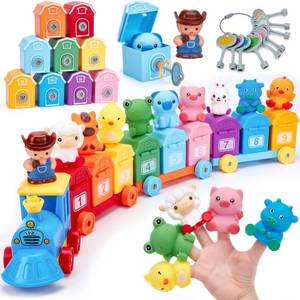 lot 1702 image: Toddler Learning Toys for 2 3 Year Old-Counting Matching & Sorting Activity Montessori Train Set with Farm Animals Finger Puppets Keys to Lock and Unlock Barn Birthday Easter Basket Stuffers