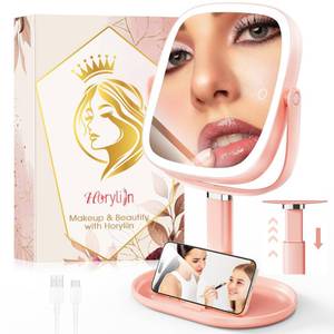 lot 1706 image: Horyliin Makeup Mirror with Lights - 10x1x Magnifying Mirror with Light, Rechargeable Desk Mirror with 3-Color Lighting &amp Memory Function, 360° Adjustable Table Mirror, Gift for Women (Pink)