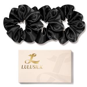 lot 1715 image: LULUSILK Silk Scrunchies for Hair Sleep, 100% Real Mulberry Silk, No Damage Hair Ties for Women and Girls, Classic Black, Pack of 3