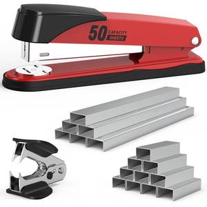 lot 1732 image: Metal Stapler Heavy Duty 50 Sheet Capacity with 1750 Staples and Staple Remover, Full Strip Staplers for Desk, No Jam, Non-Slip for Office & Classroom, Red