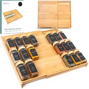 lot 1736 image: EDELHAUS Bamboo Spice Drawer Organizer - Expandable 4 Tier Spice Rack (Need 3 Deep Drawer) 12 to 24 Wide, Seasoning Organizer, Organization Seasoning Rack insert (Jars Not Included)