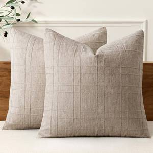 lot 1772 image: MIULEE Decorative Linen Check Throw Pillow Covers Neutral Farmhouse Vintage Pillow Covers 18x18 Set of 2 Boho Modern Home Decor for Sofa Couch Bedroom Cushion Natural Linen