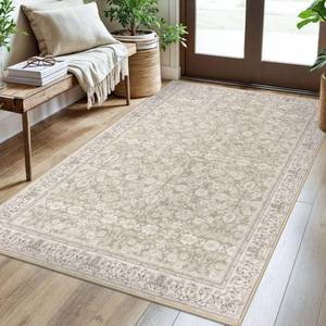 lot 1785 image: SIILOOM 3x5 Washable Area Rug for Entryway, Cream Beige Yellow White Grey Soft Distressed Floral Rug with Non-Slip, Low-Pile Vintage Area Rugs for Entryway Bedroom, Dorm Carpet with Non-Shedding