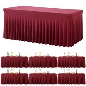 lot 1787 image: 6 Pack Burgundy Spandex Tablecloth for 8 Foot Rectangle Tables, Wrinkle Free Fitted Table Cloth Cover 8FT Maroon Stretchy Tablecloths with Skirt for Parties Weddings Birthday Banquet Baby Shower