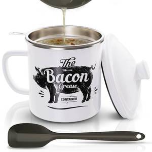 lot 1846 image: Bacon Grease Container With Strainer, 46OZ Large Enamel Grease Container, With Silicone Spatula, Farmhouse Bacon Grease Keeper, Cooking Oil Container For Kitchen Fat Storage, Dishwasher Safe-White