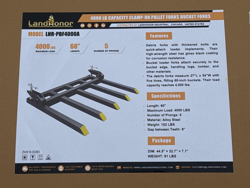 lot 5122 image: Landhonor 4000Lb Capacity Clamp-On Pallet Forks Bucket Forks   LHR-PBF4000A