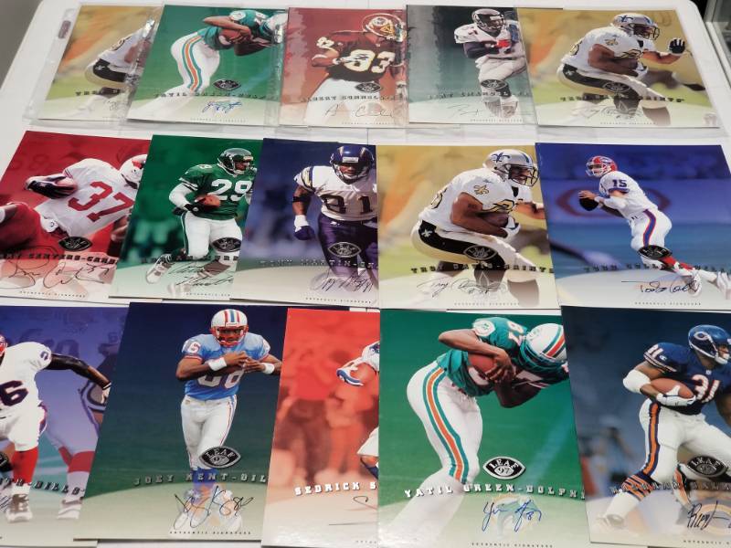lot 1255 image: 1997 Leaf Signature 8x10 Jumbo Autographed Football Cards Lot of 16 w Todd Collins & Tamarik Vanover