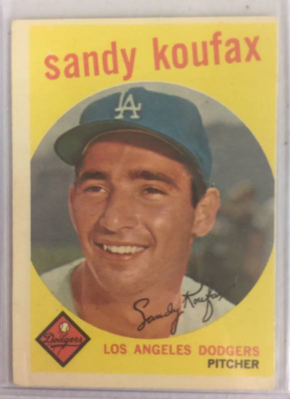 lot 1023 image: Original 1959 Topps Sandy Koufax #163 Los Angeles Dodgers Baseball Card - No Creases, Very Good Condition Book Value $150.00