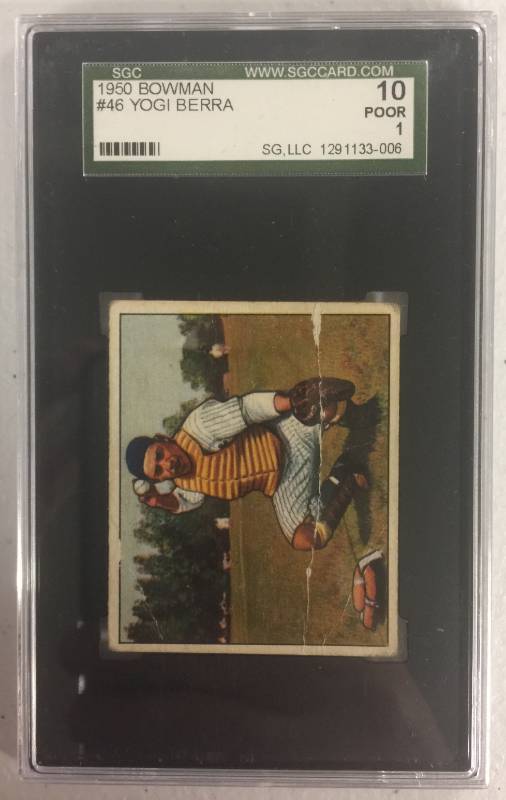 lot 1024 image: Professionally Graded SGC 10 Poor 1 1950 Bowman Yogi Berra #46 New York Yankees Baseball Card - Creased With Close Pictures - Book Value $400.00