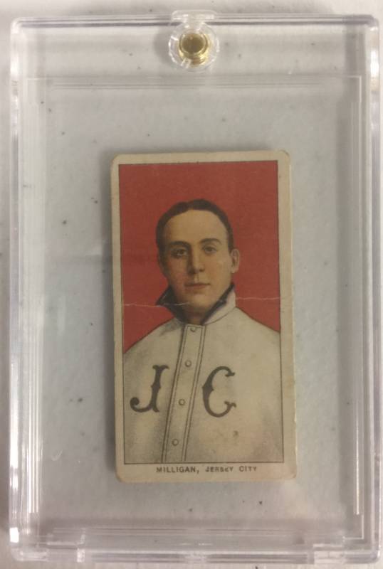 lot 1028 image: Original 100% Real 1909-11 T206 Tobacco Baseball Card Bill Milligan Piedmont Back Jersey City Book Value $200.00 Minor League Rarity