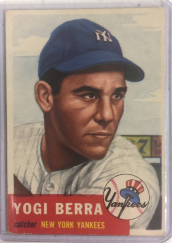 lot 1033 image: Original 1953 Topps Yogi Berra New York Yankees #104 No Creases, No Writing, Very Nice Card Book Value $400.00