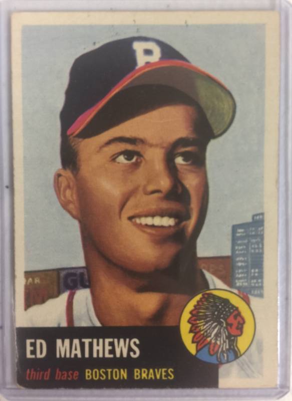 lot 1034 image: Original 1953 Topps Eddie Mathews Boston Braves #37 No Creases, No Writing, Very Nice Card Book Value $250.00
