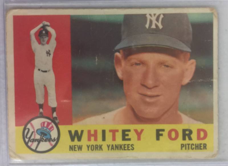 lot 1038 image: Original 1960 Topps Whitey Ford #35 New York Yankees Baseball Card with Multiple Pictures Book Value $50.00