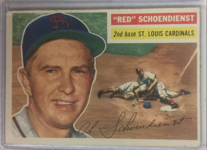 lot 1042 image: Original 1956 Topps Red Schoendienst #165 St. Louis Cardinals Baseball Card Book Value $40.00