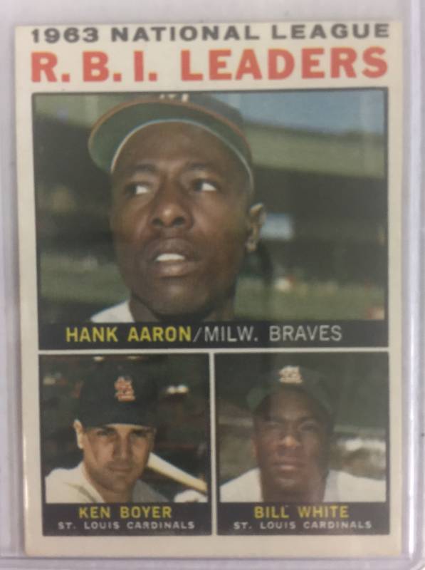 lot 1044 image: Original 1964 Topps League RBI Leaders #11 Baseball Card With Hank Aaron BoyerWhite No Creases or Issues